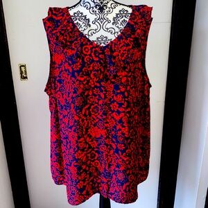 Terra & Sky Size 2X Red and Blue Floral Sleeveless Blouse with Ruffle Neckline